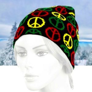 GROOVY GLAM Black Rasta Peace Signs Knit Ski Cap